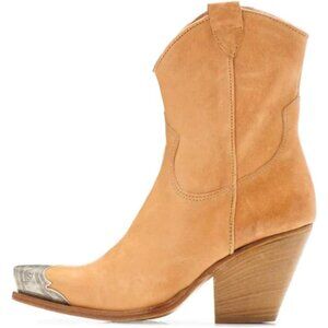 Women's Camel Faux Leather Steel Toe Side Zipper Block Heel Western Ankle Boots